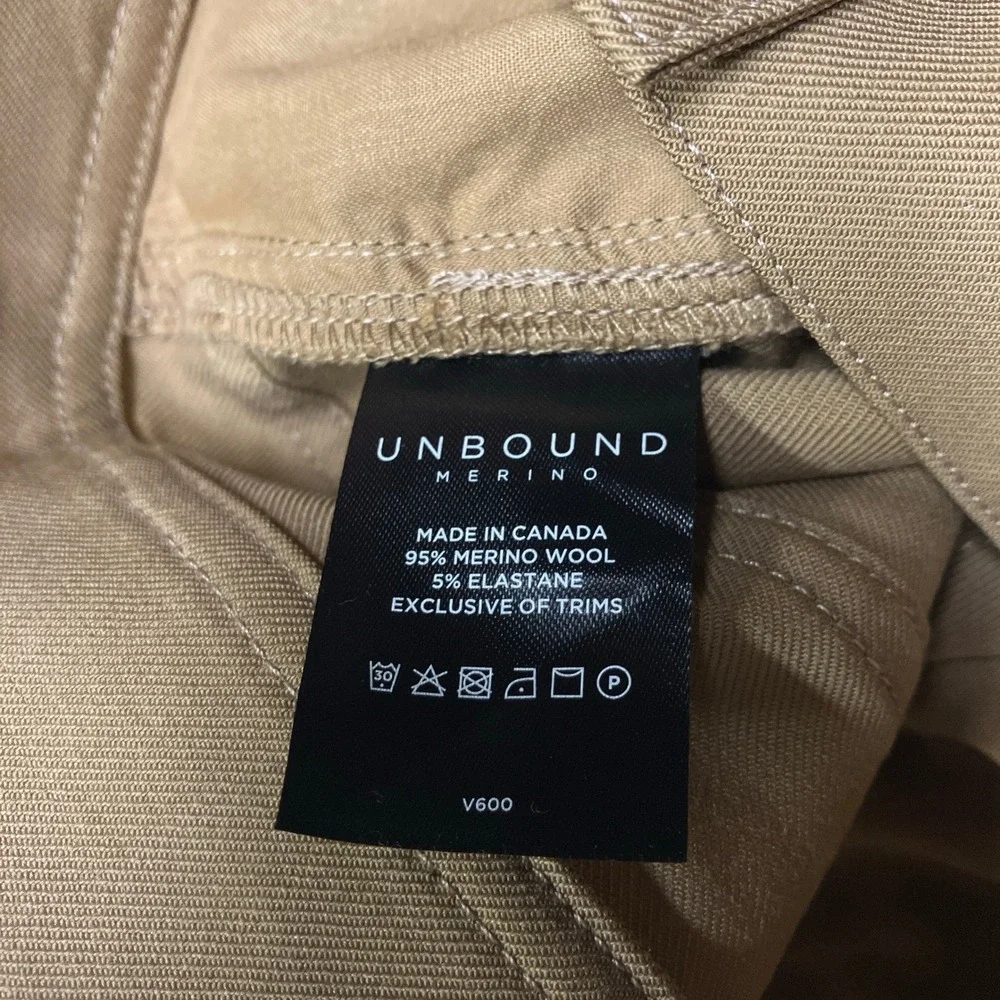 Unbound Merino 5-Pocket Travel Pants Wool Blend Khaki Tan Canada Made Men 32x32